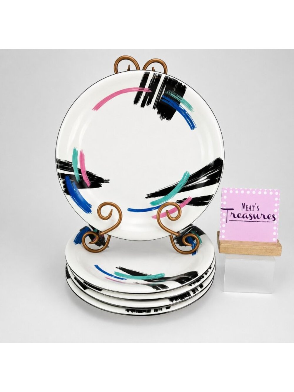 Newcor Design Concepts LIZA Pink Blue Green Slashes Stoneware Dinner Plate Set 5